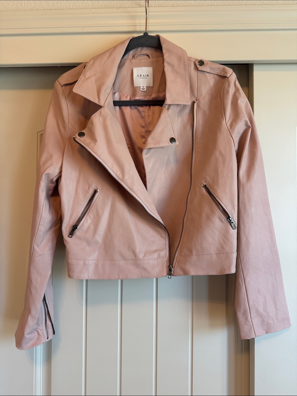 Le Lis Blush Pink Faux Leather Moto Jacket